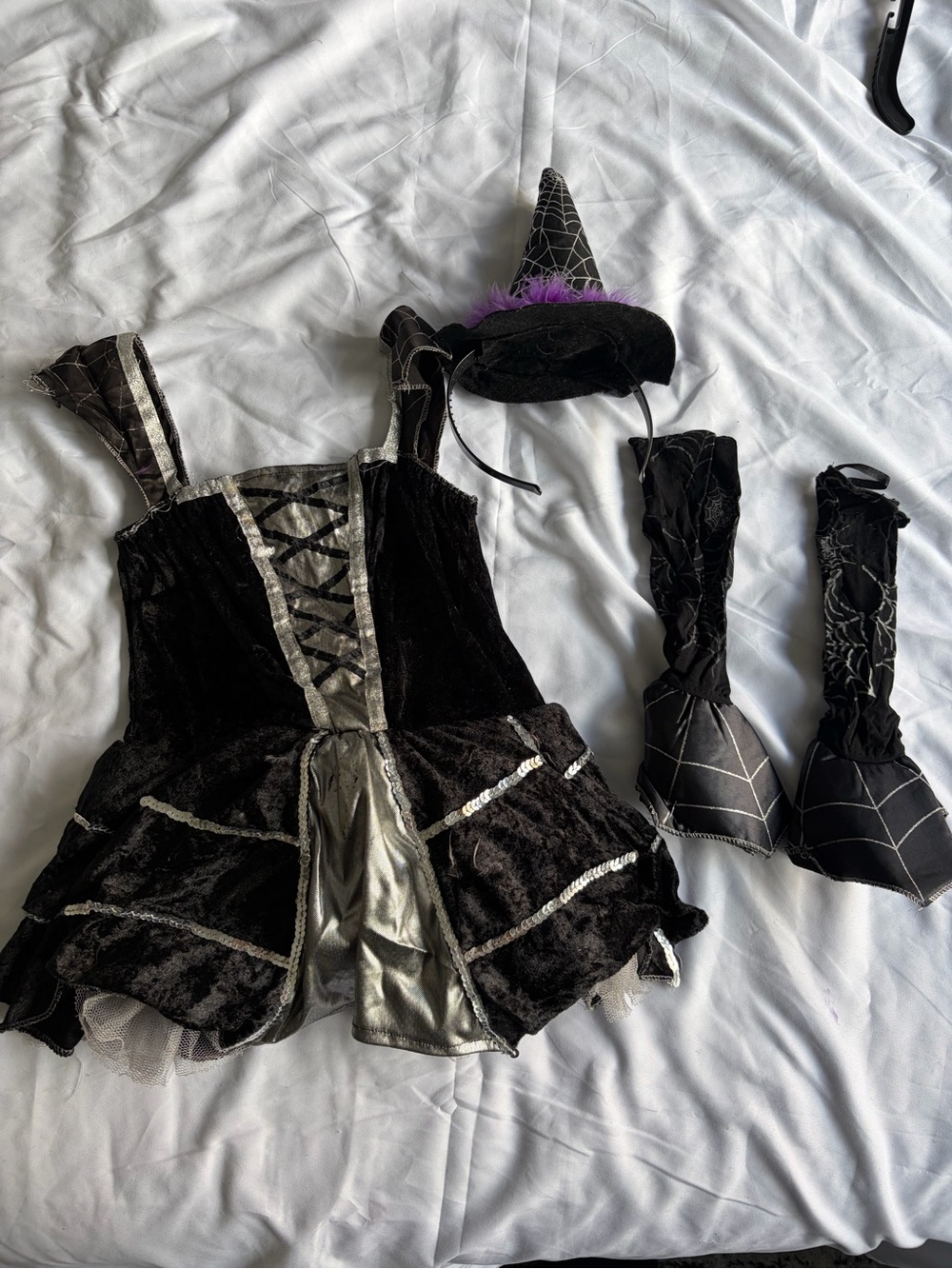 Girls Black and Silver Witch Costume Set with Hat Headband and Boot Covers